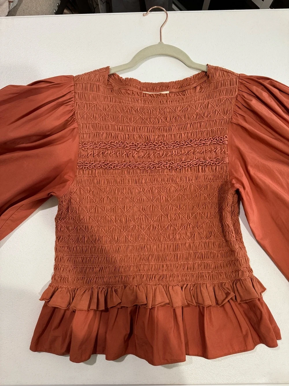 Ulla Johnson Amelia Smocked Puff Sleeve Ruffle Blouse Size 8